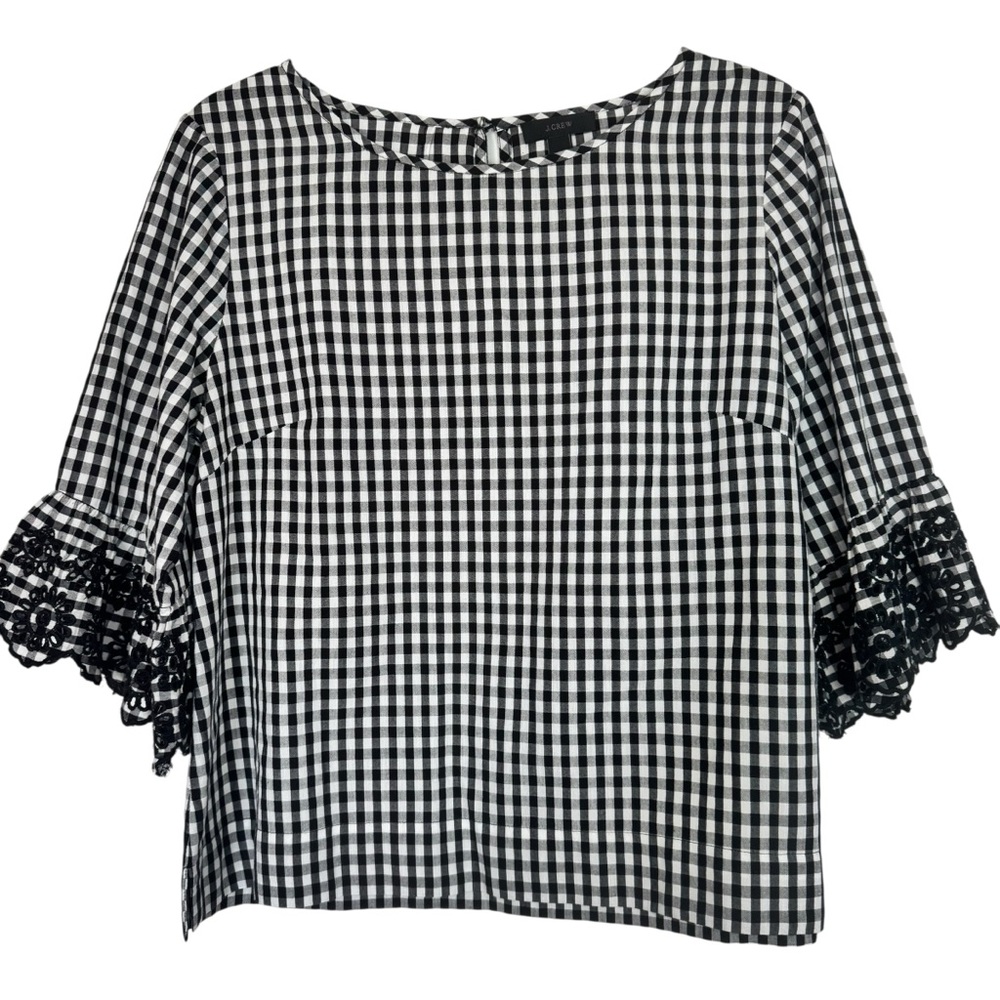 J. Crew Black and White Gingham 10 Petite Blouse with Tiered Bell Sleeves - Picture 3 of 9